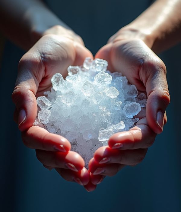Hielo triturado en manos humanas
